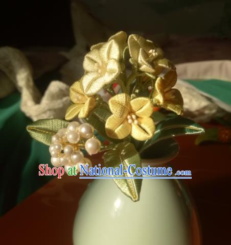 Chinese Traditional Hanfu Yellow Silk Rape Flower Hairpin Ancient Princess Pearls Hair Stick