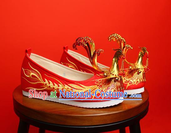 China Golden Phoenix Shoes Traditional Wedding Shoes Handmade Bride Red Satin Shoes