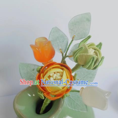 Chinese Traditional Hanfu Jade Leaf Hairpin Hair Accessories Ancient Princess Yellow Rose Hair Stick