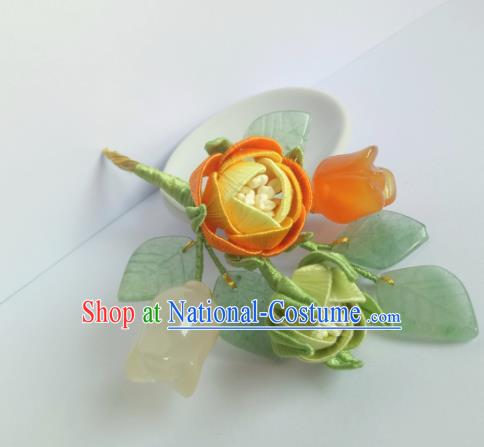 Chinese Traditional Hanfu Jade Leaf Hairpin Hair Accessories Ancient Princess Yellow Rose Hair Stick