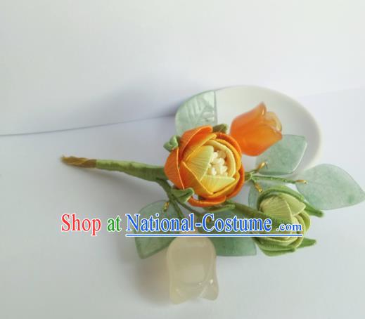 Chinese Traditional Hanfu Jade Leaf Hairpin Hair Accessories Ancient Princess Yellow Rose Hair Stick