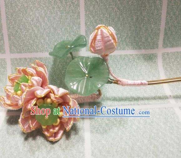 Chinese Traditional Jade Leaf Hairpin Hanfu Hair Accessories Ancient Song Dynasty Princess Pink Silk Lotus Hair Stick