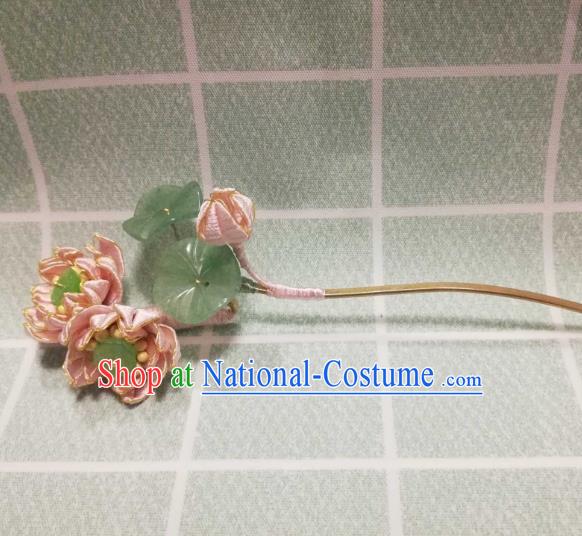 Chinese Traditional Jade Leaf Hairpin Hanfu Hair Accessories Ancient Song Dynasty Princess Pink Silk Lotus Hair Stick