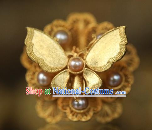 China National Golden Butterfly Ring Jewelry Traditional Handmade Qing Dynasty Pearls Circlet Accessories