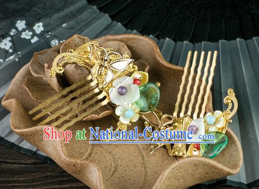 Chinese Traditional Ming Dynasty Palace Lady Shell Plum Hairpin Ancient Princess Golden Butterfly Hair Comb