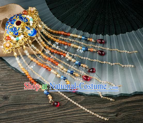 Chinese Traditional Ming Dynasty Princess Beads Tassel Hairpin Ancient Palace Lady Cloisonne Peony Hair Stick