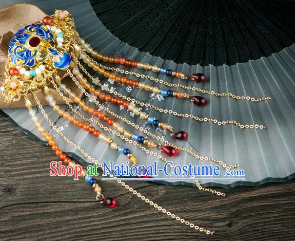 Chinese Traditional Ming Dynasty Princess Beads Tassel Hairpin Ancient Palace Lady Cloisonne Peony Hair Stick