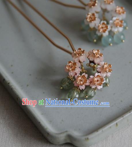 Chinese Handmade Hanfu Hairpin Traditional Ming Dynasty Hair Accessories Ancient Princess Pink Flowers Hair Stick