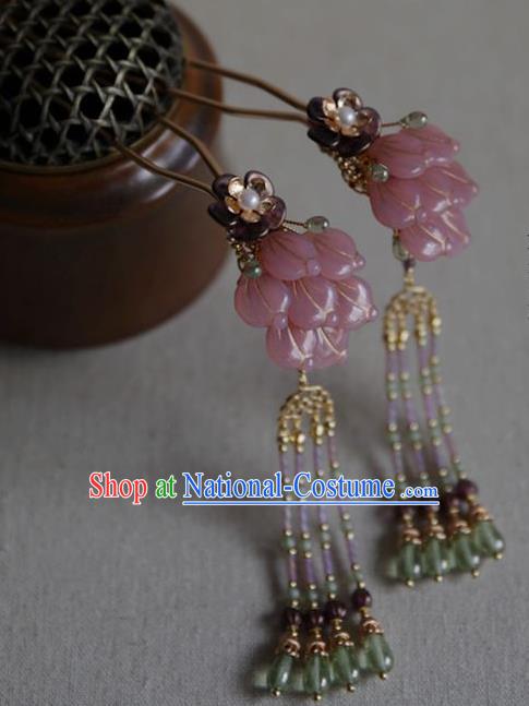 Chinese Ancient Princess Beads Tassel Hairpin Traditional Ming Dynasty Hanfu Pink Flowers Hair Stick