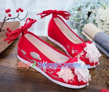 China Embroidered Lotus Shoes Traditional Hanfu Shoes Handmade National Red Cloth Shoes