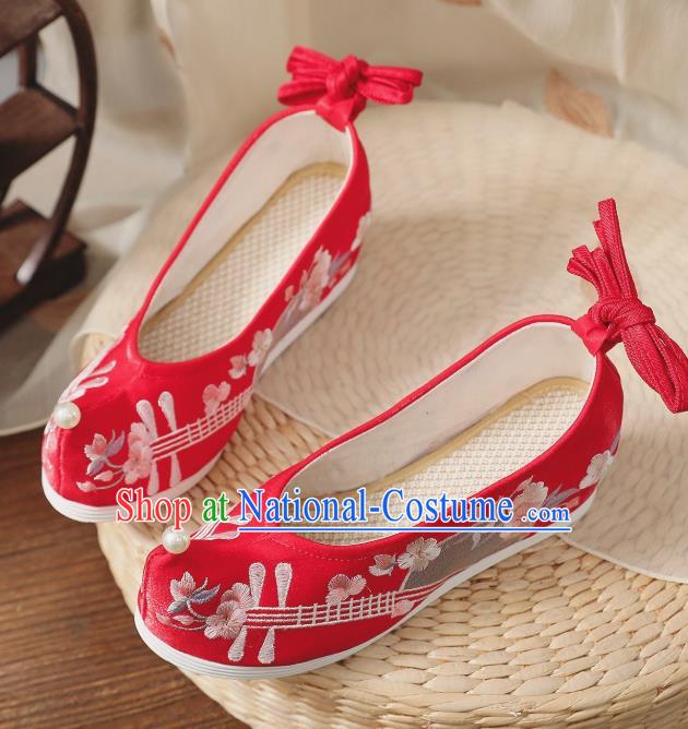 China Handmade Hanfu Bow Shoes National Red Cloth Shoes Traditional Wedding Shoes Embroidered Shoes