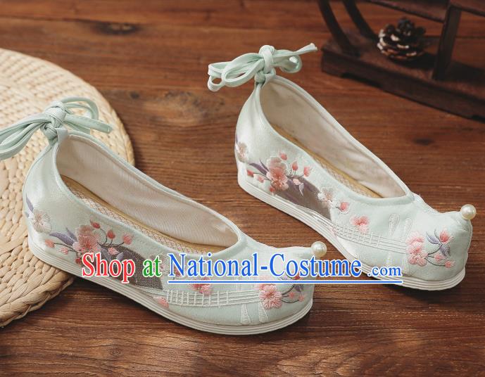 China Traditional Shoes Embroidered Shoes Handmade Hanfu Bow Shoes National Light Green Cloth Shoes