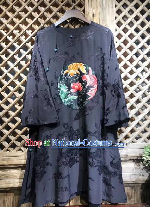 China National Tang Suit Upper Outer Garment Costume Traditional Peacock Pattern Navy Silk Shirt Embroidered Lotus Fish Blouse