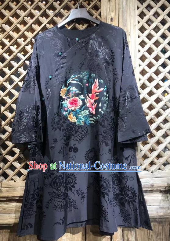 China Embroidered Peony Fish Blouse National Tang Suit Upper Outer Garment Costume Traditional Chrysanthemum Pattern Navy Silk Shirt