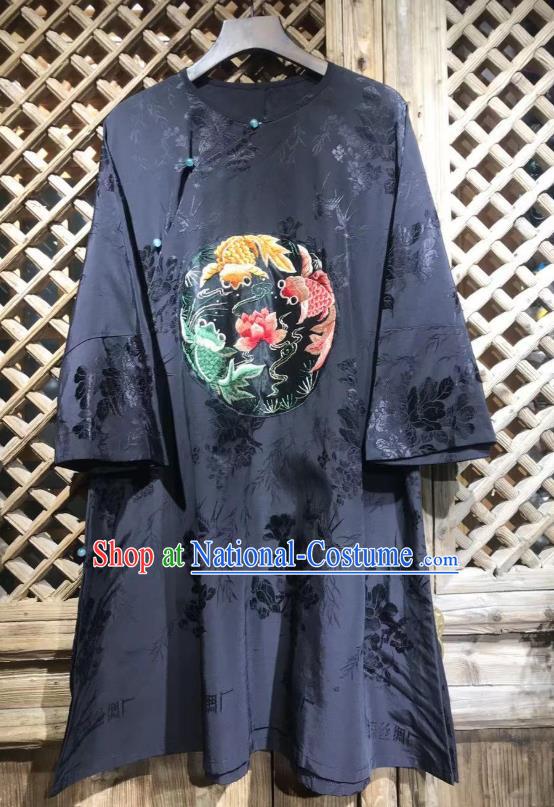 China Embroidered Lotus Goldfish Blouse Traditional Peony Pattern Navy Silk Shirt National Tang Suit Upper Outer Garment