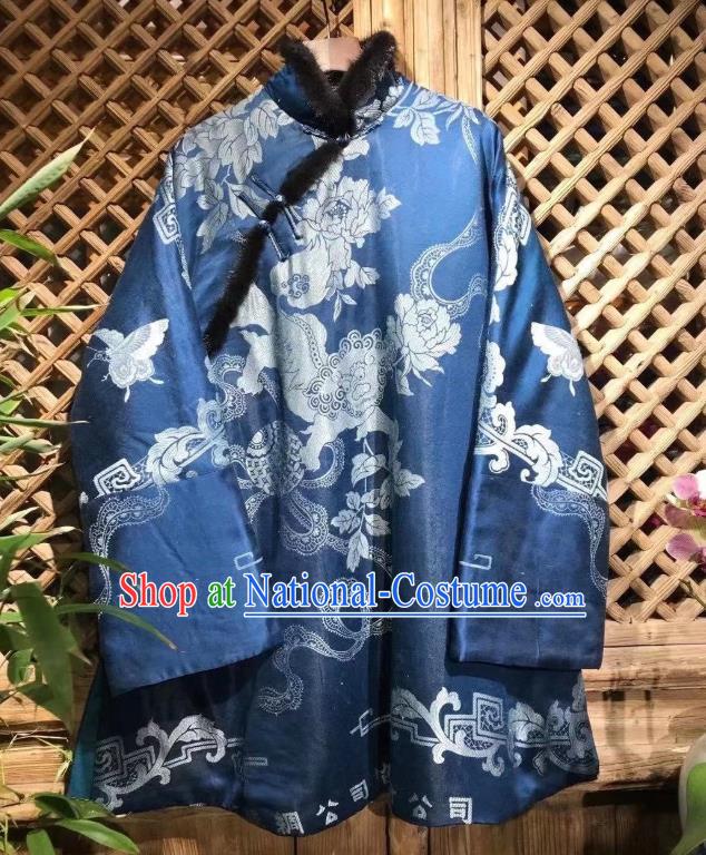 China Traditional Kylin Pattern Cotton Wadded Jacket National Tang Suit Outer Garment Classical Blue Silk Coat