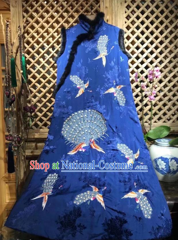 Chinese National Royalblue Silk Qipao Dress Traditional Embroidered Peacock Cheongsam Clothing