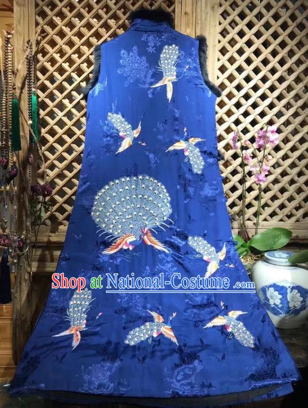 Chinese National Royalblue Silk Qipao Dress Traditional Embroidered Peacock Cheongsam Clothing