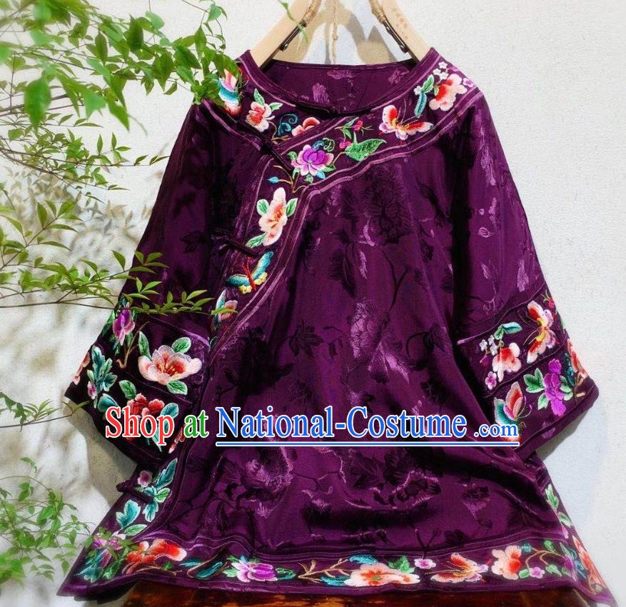 China Traditional Qing Dynasty Women Purple Silk Jacket Tang Suit Embroidered Blouse