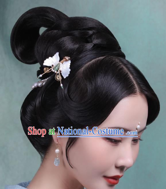 Chinese Handmade Song Dynasty White Shell Butterfly Hairpin Traditional Hanfu Hair Accessories Ancient Princess Pearls Hair Stick