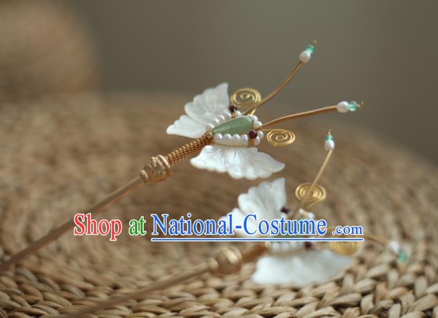 Chinese Handmade Song Dynasty White Shell Butterfly Hairpin Traditional Hanfu Hair Accessories Ancient Princess Pearls Hair Stick