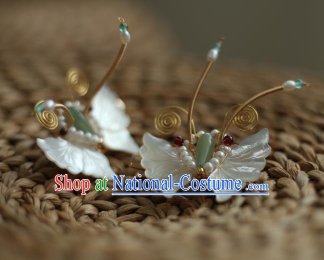 Chinese Handmade Song Dynasty White Shell Butterfly Hairpin Traditional Hanfu Hair Accessories Ancient Princess Pearls Hair Stick