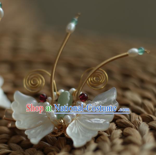 Chinese Handmade Song Dynasty White Shell Butterfly Hairpin Traditional Hanfu Hair Accessories Ancient Princess Pearls Hair Stick