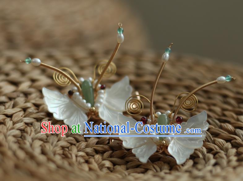 Chinese Handmade Song Dynasty White Shell Butterfly Hairpin Traditional Hanfu Hair Accessories Ancient Princess Pearls Hair Stick