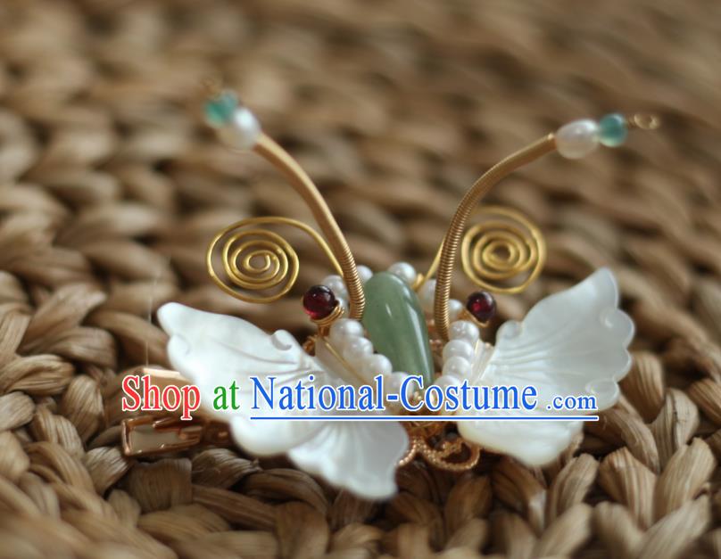 Chinese Handmade Song Dynasty White Shell Butterfly Hairpin Traditional Hanfu Hair Accessories Ancient Princess Pearls Hair Stick