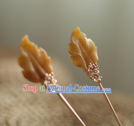 Chinese Handmade Yellow Jade Leaf Hairpin Traditional Hanfu Hair Accessories Ancient Princess Hair Clip