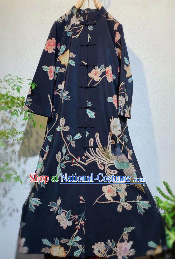 Chinese Traditional Navy Blue Cheongsam National Clothing Printing Phoenix Peony Qipao Dress