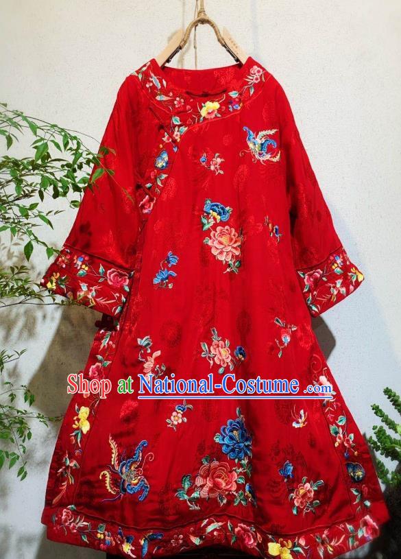 Chinese Traditional Embroidered Peony Red Silk Cheongsam Clothing National Wedding Qipao Dress