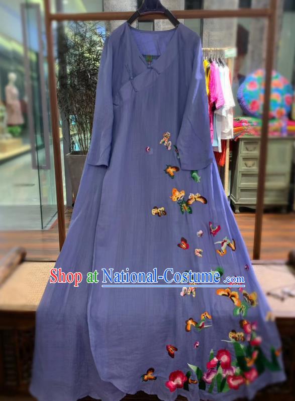 Chinese Embroidered Butterfly Long Qipao Dress National Violet Flax Cheongsam Traditional Clothing