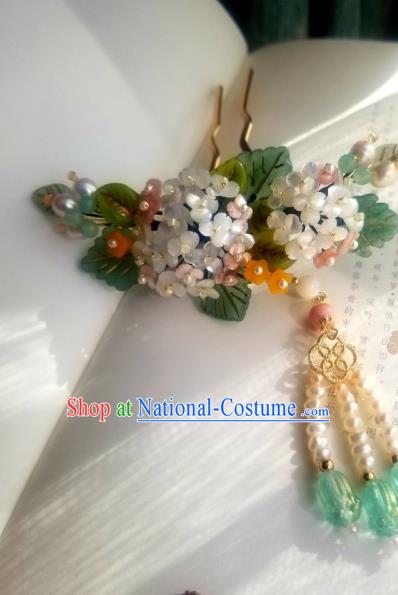 Chinese Handmade Hydrangea Hairpin Traditional Ming Dynasty Princess Pearls Tassel Hair Stick