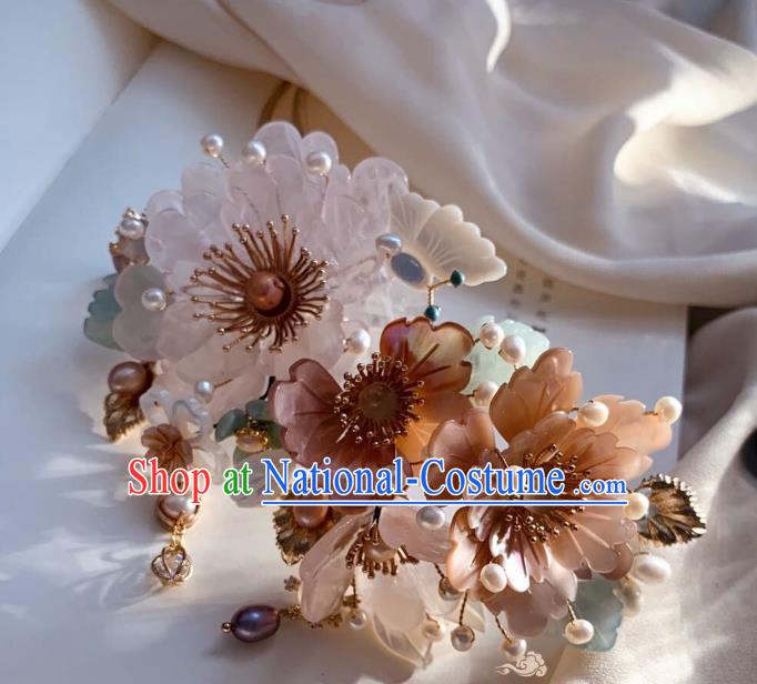 Chinese Handmade Shell Peony Hair Stick Traditional Ming Dynasty Princess Pearls Hairpin