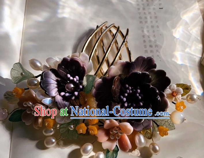 Chinese Handmade Shell Flowers Hair Stick Traditional Ming Dynasty Princess Purple Peony Hair Comb