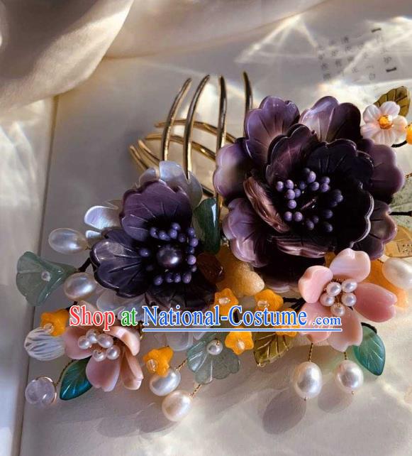 Chinese Handmade Shell Flowers Hair Stick Traditional Ming Dynasty Princess Purple Peony Hair Comb