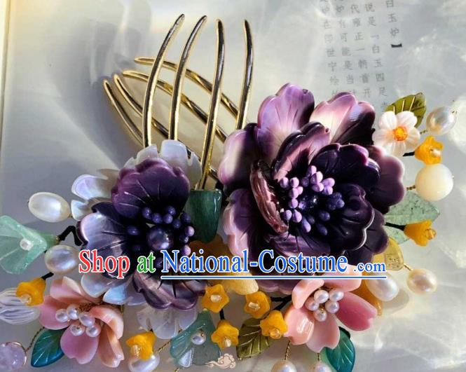 Chinese Handmade Shell Flowers Hair Stick Traditional Ming Dynasty Princess Purple Peony Hair Comb