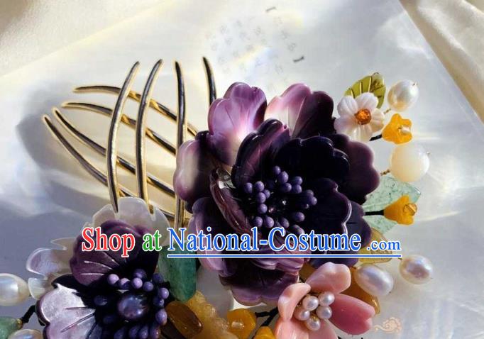 Chinese Handmade Shell Flowers Hair Stick Traditional Ming Dynasty Princess Purple Peony Hair Comb