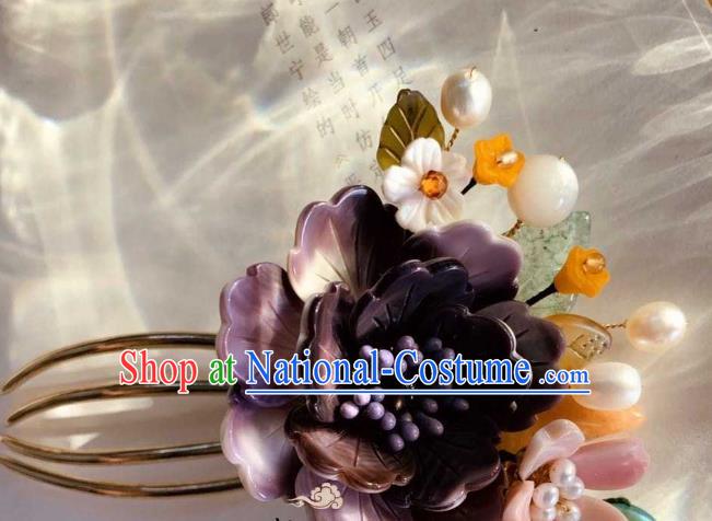 Chinese Handmade Shell Flowers Hair Stick Traditional Ming Dynasty Princess Purple Peony Hair Comb