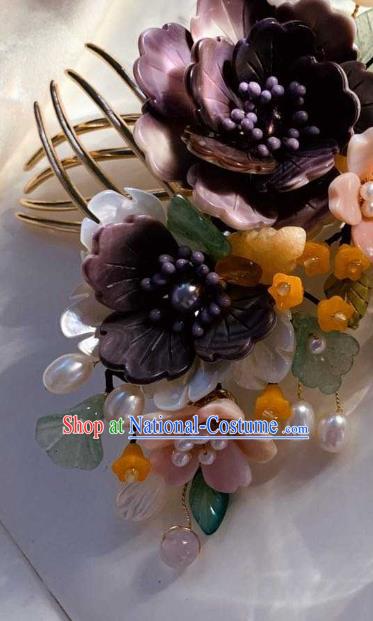 Chinese Handmade Shell Flowers Hair Stick Traditional Ming Dynasty Princess Purple Peony Hair Comb