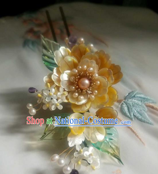 Chinese Handmade Yellow Shell Peony Hairpin Traditional Ming Dynasty Osmanthus Hair Stick