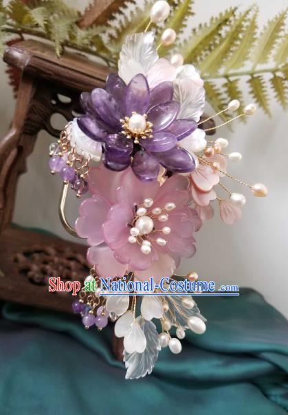 Chinese Handmade Shell Flowers Hairpin Traditional Ming Dynasty Princess Purple Lotus Hair Stick