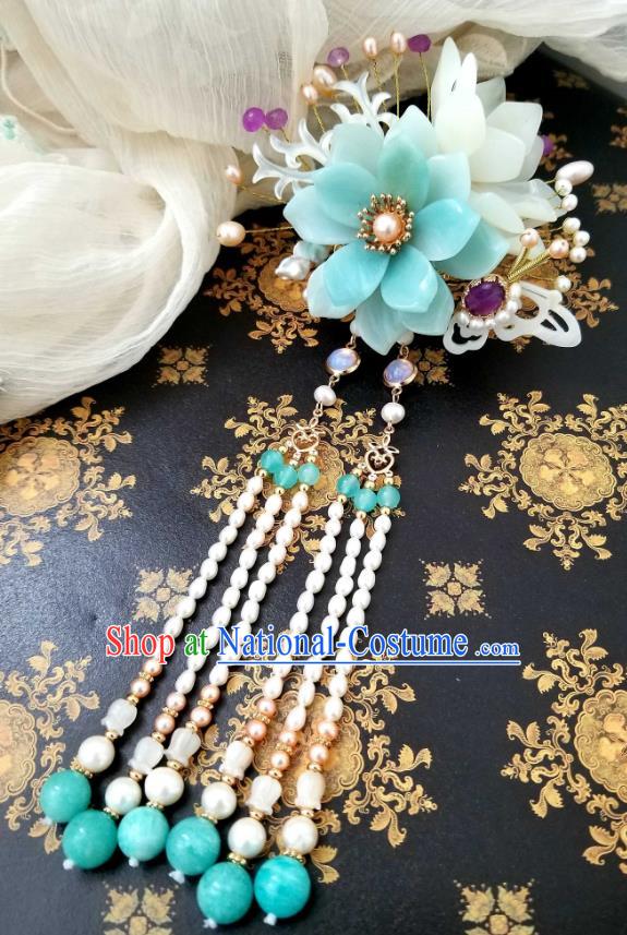 Chinese Handmade Blue Flower Hairpin Traditional Ming Dynasty Princess Amazonite Tassel Hair Stick