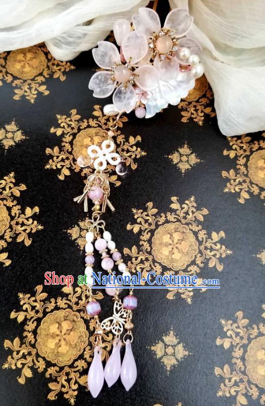 Chinese Handmade Rose Quartz Tassel Hairpin Traditional Ming Dynasty Princess Cherry Blossom Hair Stick