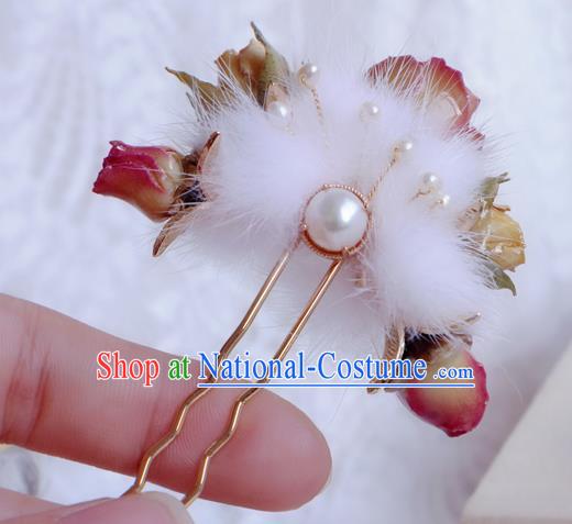 Chinese Handmade Flowers Hairpin Traditional Ming Dynasty Princess Fur Hair Stick