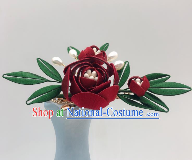 Chinese Handmade Red Rose Hair Stick Traditional Tang Dynasty Princess Hair Claw