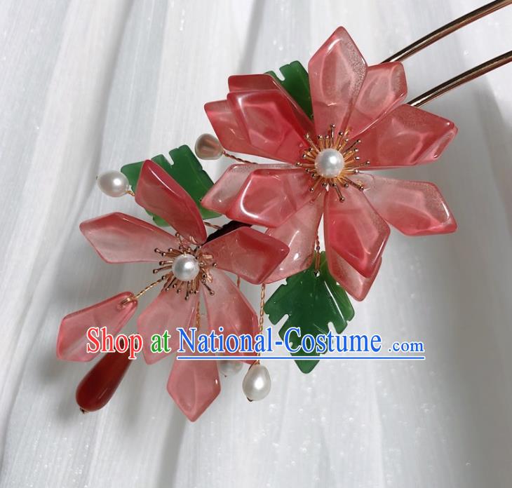 Chinese Handmade Red Mangnolia Hairpin Traditional Ming Dynasty Palace Lady Hair Stick