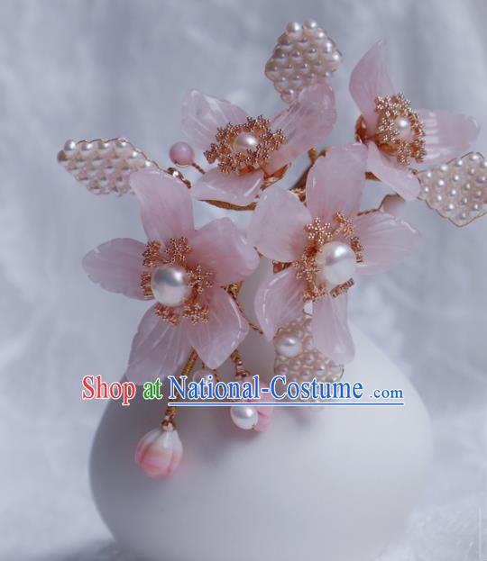 Chinese Handmade Pearls Hair Stick Traditional Ming Dynasty Princess Pink Mangnolia Hairpin