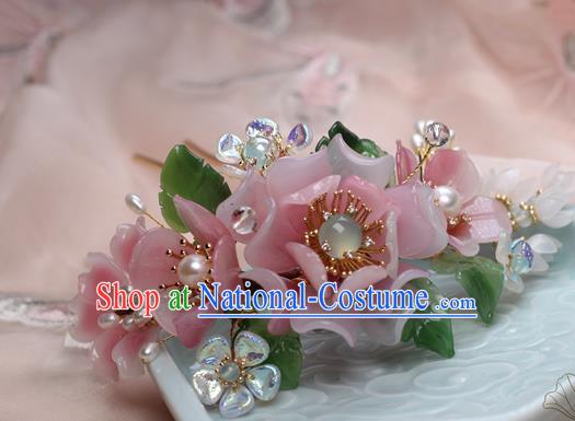 Chinese Handmade Ming Dynasty Pink Peony Hairpin Traditional Plastic Flowers Hair Stick